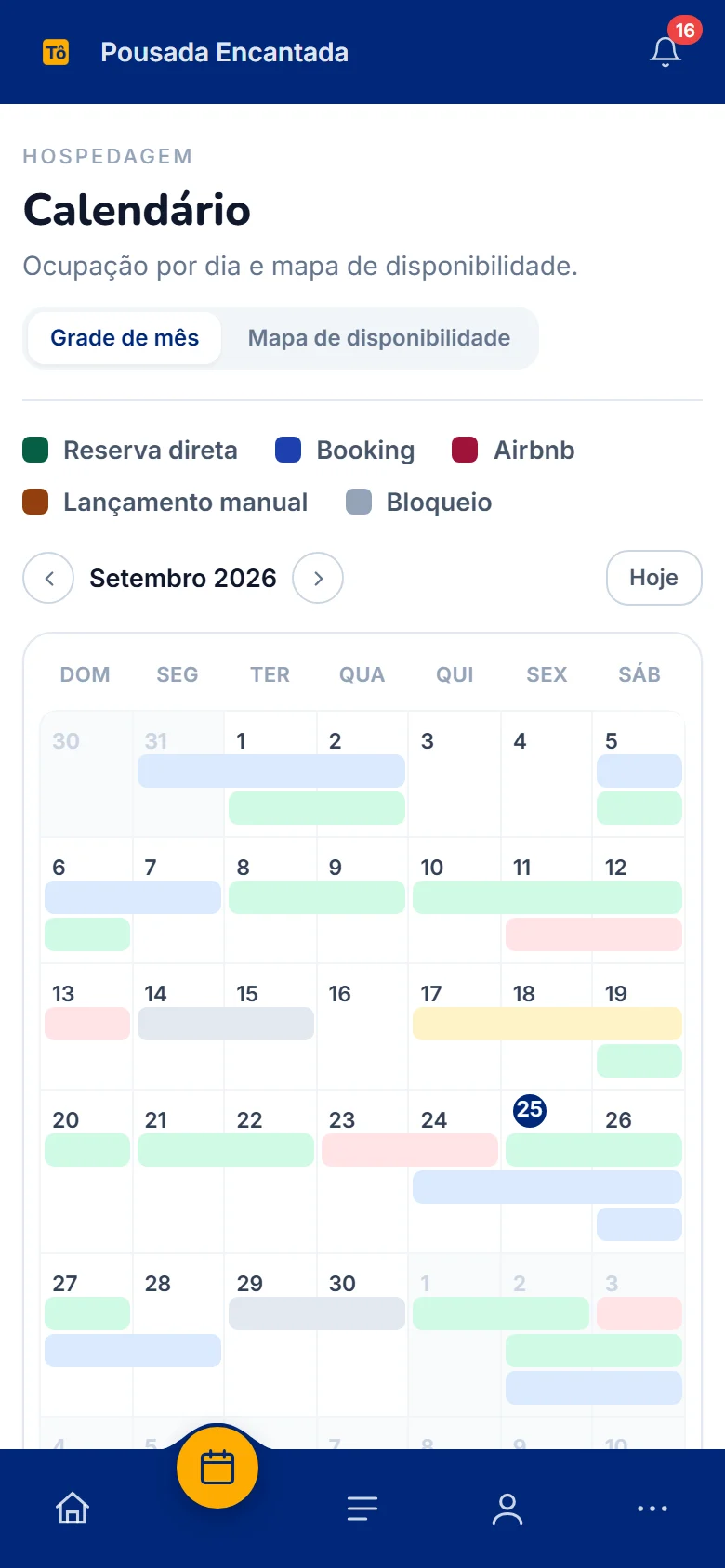 Calendário do painel aberto no celular, com as reservas em barras coloridas por canal